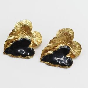 Vintage metal gold tone & black enamel leaves leaf pierced earrings whimsy fall